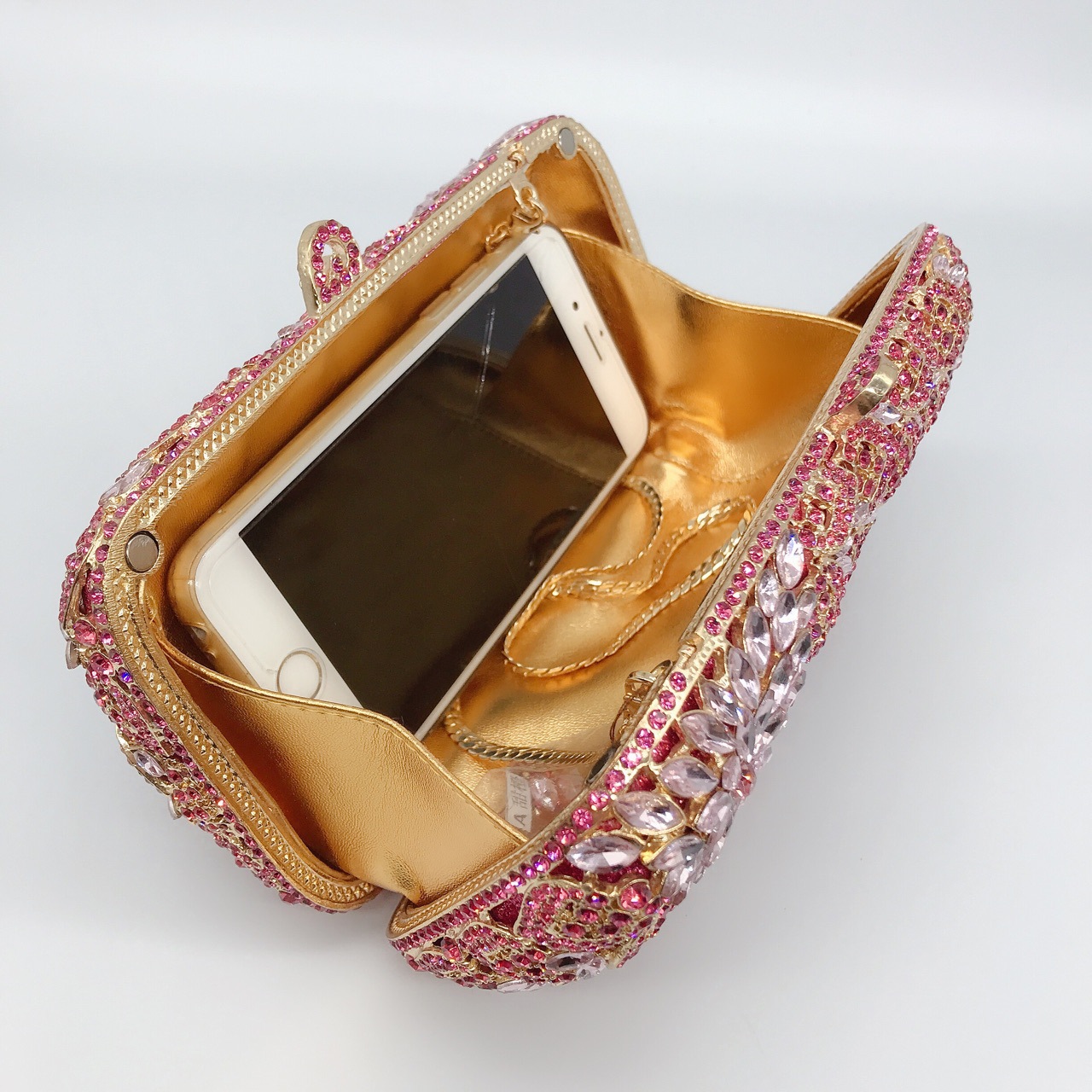 Túi clutch nữ đính đá dạ hội cầm tay kim loại lấp lánh — Màu hồng, Màu tím đen, Màu đen, Màu vàng nhạt chi tiết 10