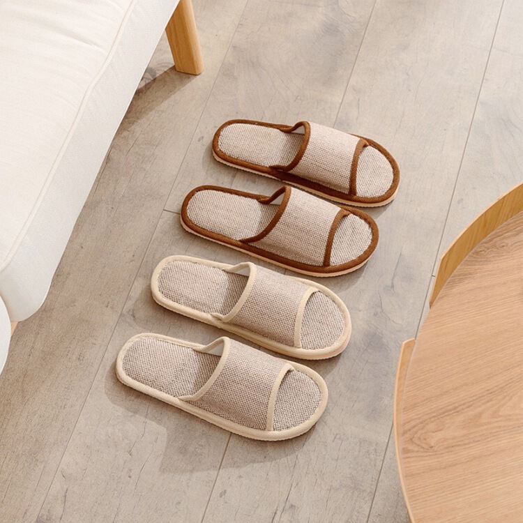 Solid Color Home Wooden Floor Linen Slippers Hotel Couple's Silent Breathable Foam Sole Indoor Household Non-Slip Slippers