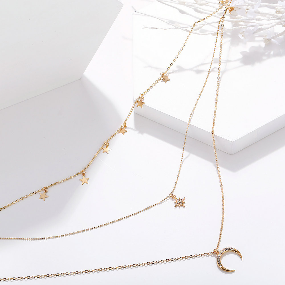 hot sale star crescent three-layer necklace creative retro simple alloy clavicle chain wholesale nih