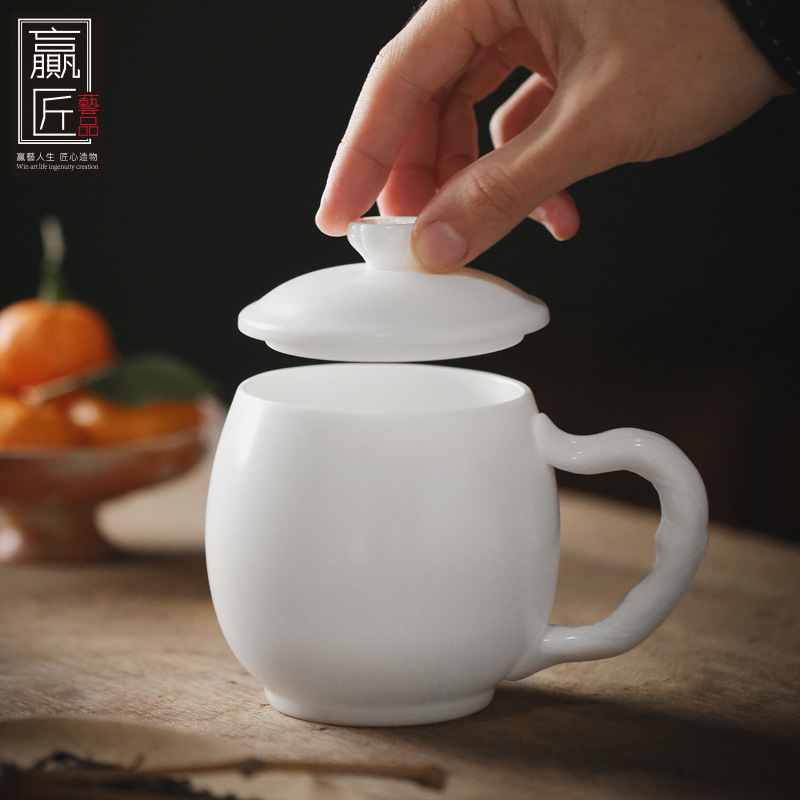 Winjiang porcelana blanca taza de té a mano oveja grasa Jade cerámica Oficina sala de reuniones agua taza de agua jefe taza con tapa