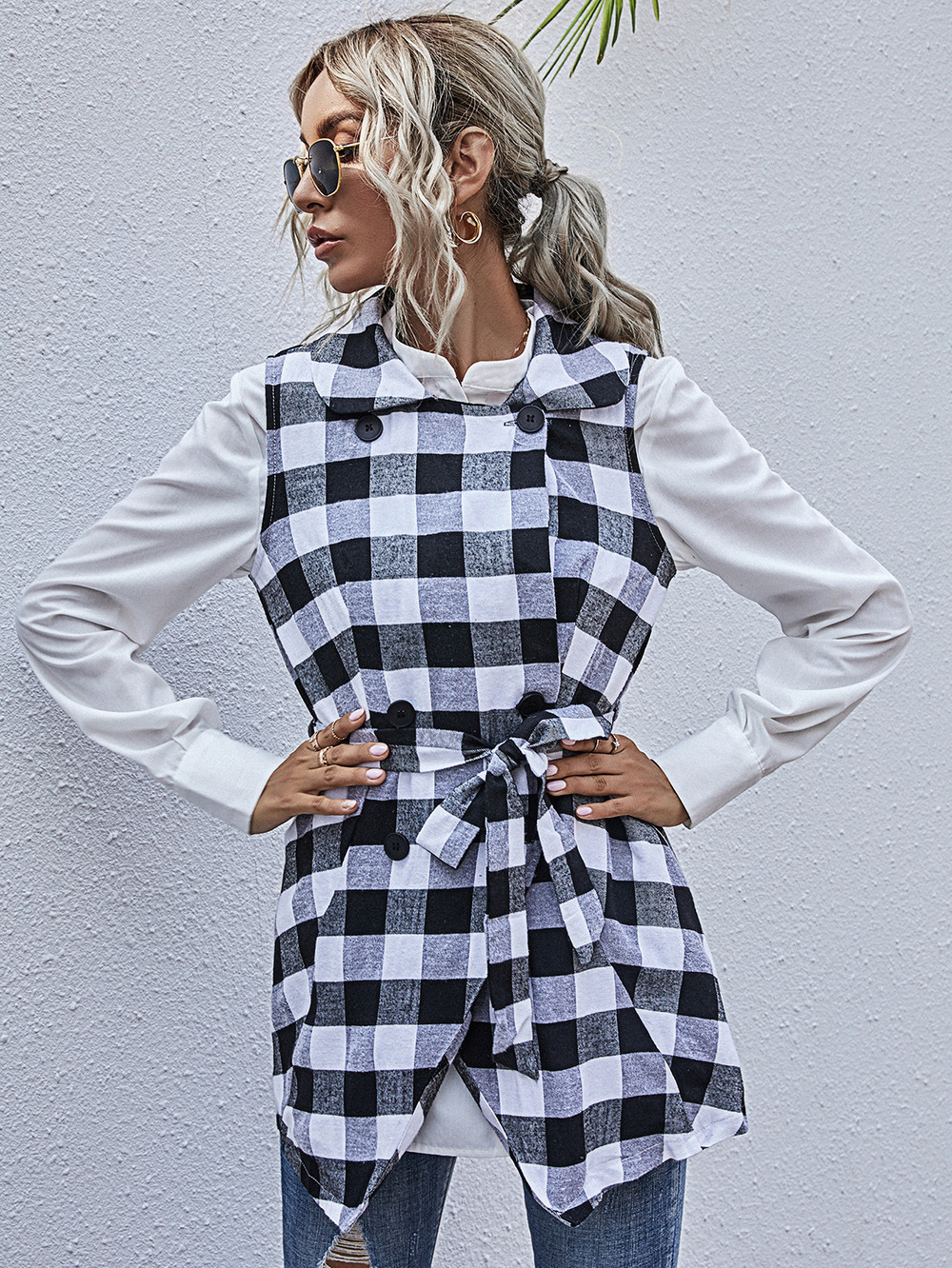  irregular hem sleeveless top plaid jacket NSDF1585