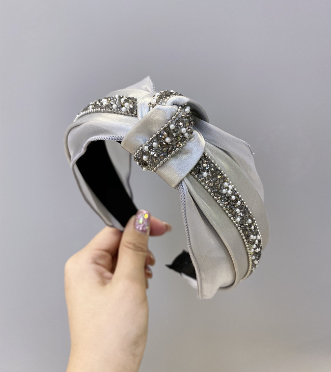 Korean version of pearl studded knotted hoop, simple elegant, with diamond bars in the middle wide edge headband, tied_voghion.com