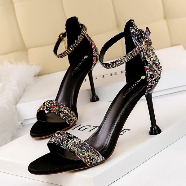 Retro summer Stiletto High Heel open toe sandals with Rhinestone