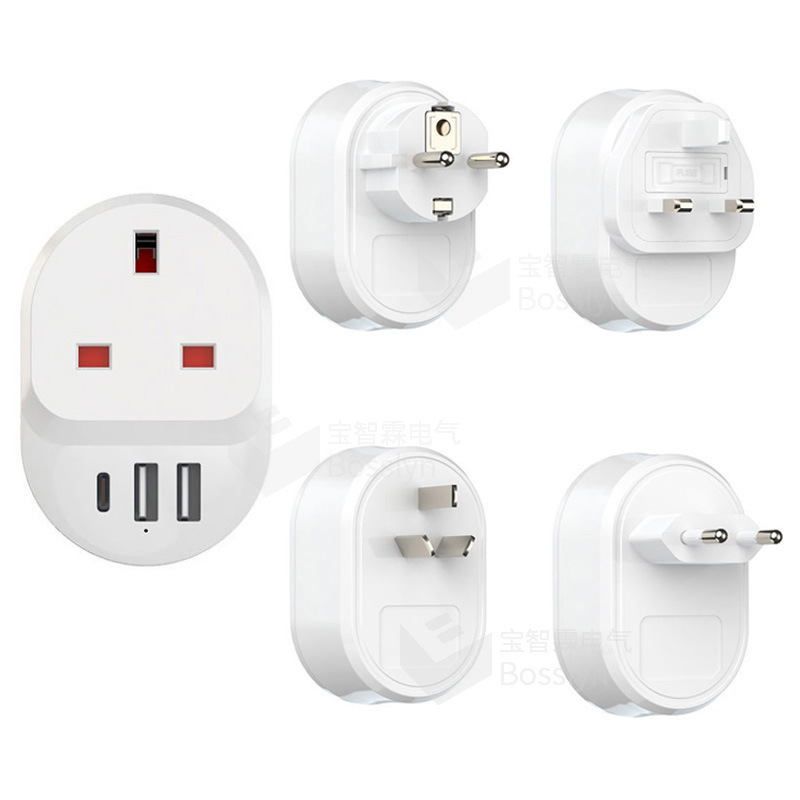 Various specifications of British standard conversion plug charger 3.1A double USB + Type-C British German French travel plug