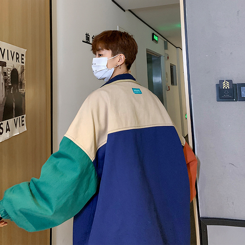 Primavera y otoño nuevo estilo de Hong Kong ins abrigo de costura de doble cara chaqueta suelta de estilo coreano para hombres de moda juvenil a juego
