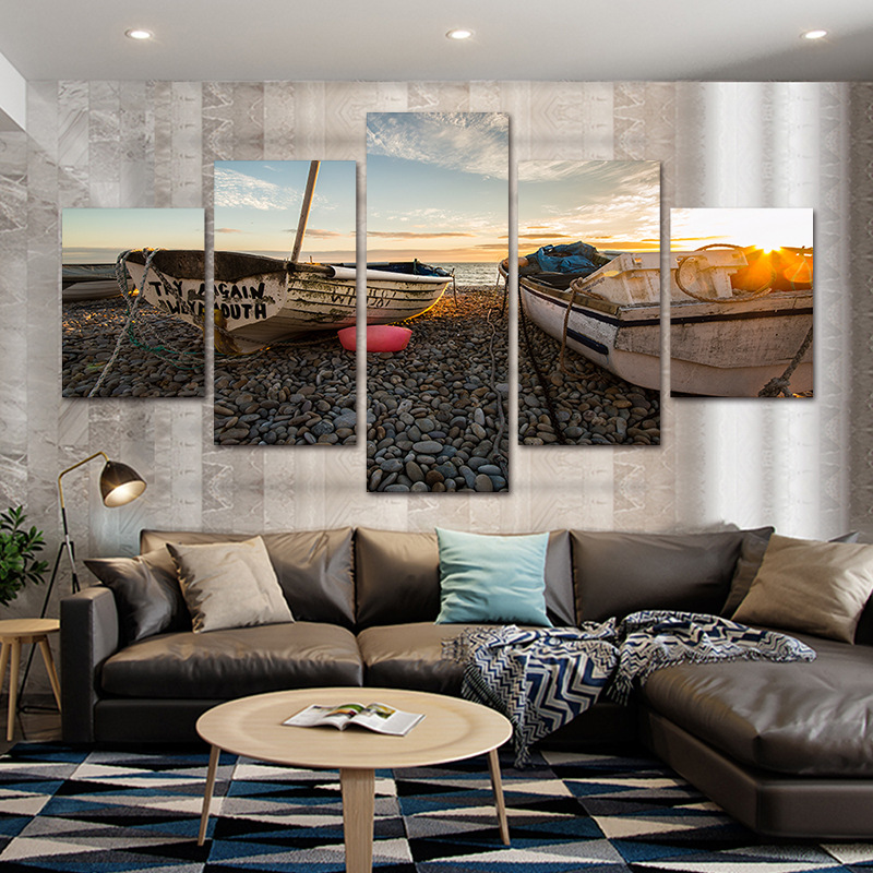 跨境专供油画五联画 房间大厅五拼帆布画 外贸热销多联画海滩船舶