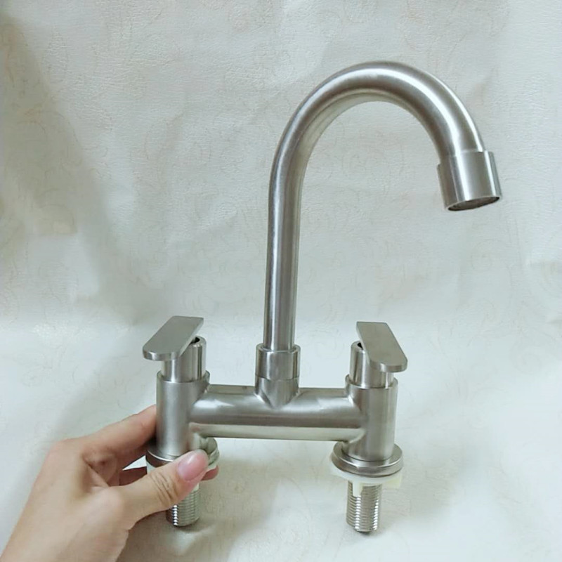 Grifo de Lavabo de Doble Orificio de Acero Inoxidable 304 Monomando para Lavabo
