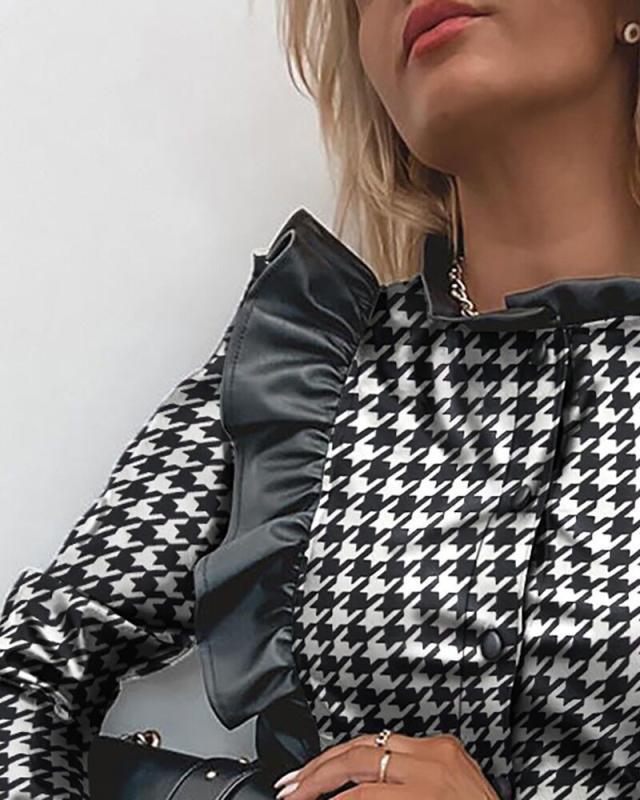 autumn houndstooth pattern PU leather top NSYF16476