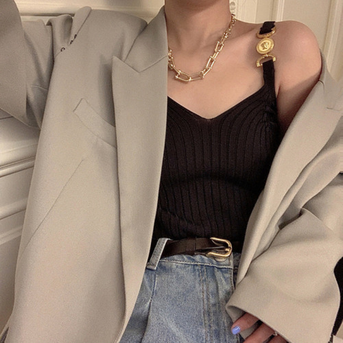 Knit V-neck sleeveless strapless summer outerwear top for women, suitable for layering, slimming, versatile, base layer, off-shoulder women's top