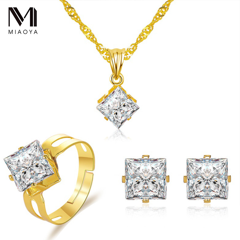 Europe and the United States new crystal set jewelry temperament square zircon three-piece set of fashion dinner dress accessories