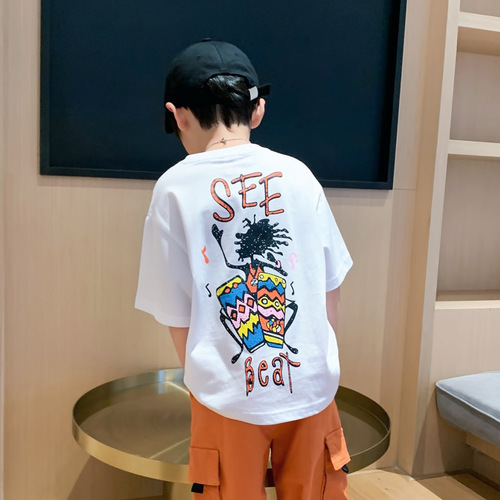 Summer New Boys' Short-Sleeve T-Shirt Children Baby Crew Neck Spandex Top Comfort Base Shirt Middle Child Loose