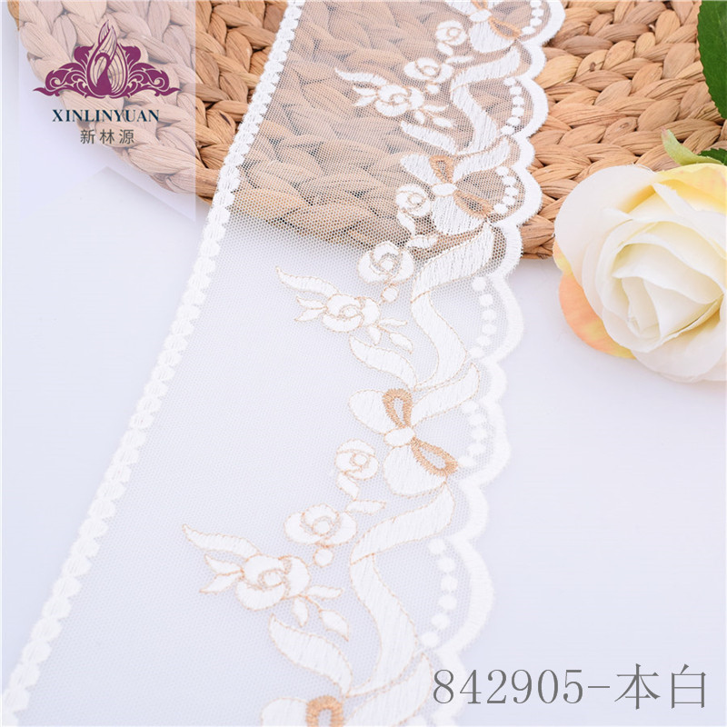 新品白色牛奶丝加金线刺绣花边 10cm家纺服装DIY网布刺绣蕾丝花边