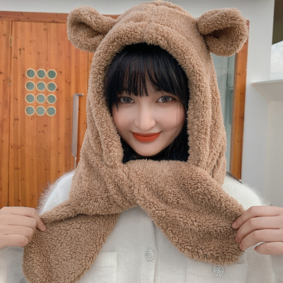 熊耳朵连体帽子女日系秋冬羊羔毛短围脖韩版可爱百搭帽子围巾一体|ru