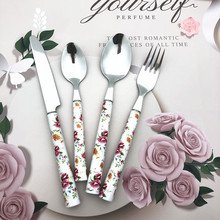 厂家批发不锈钢餐具创意仿陶瓷复古花纹手柄刀叉勺茶勺16件套