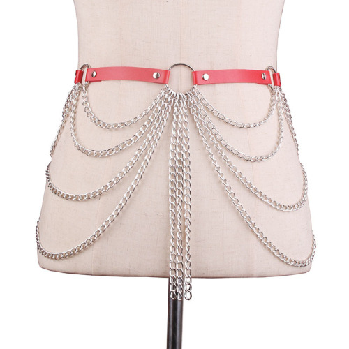 European and American cross-border PU decorated belt with multi-layer metal chains and tassels, body chain for nightclubs, bars, and performance decorations, waist chain