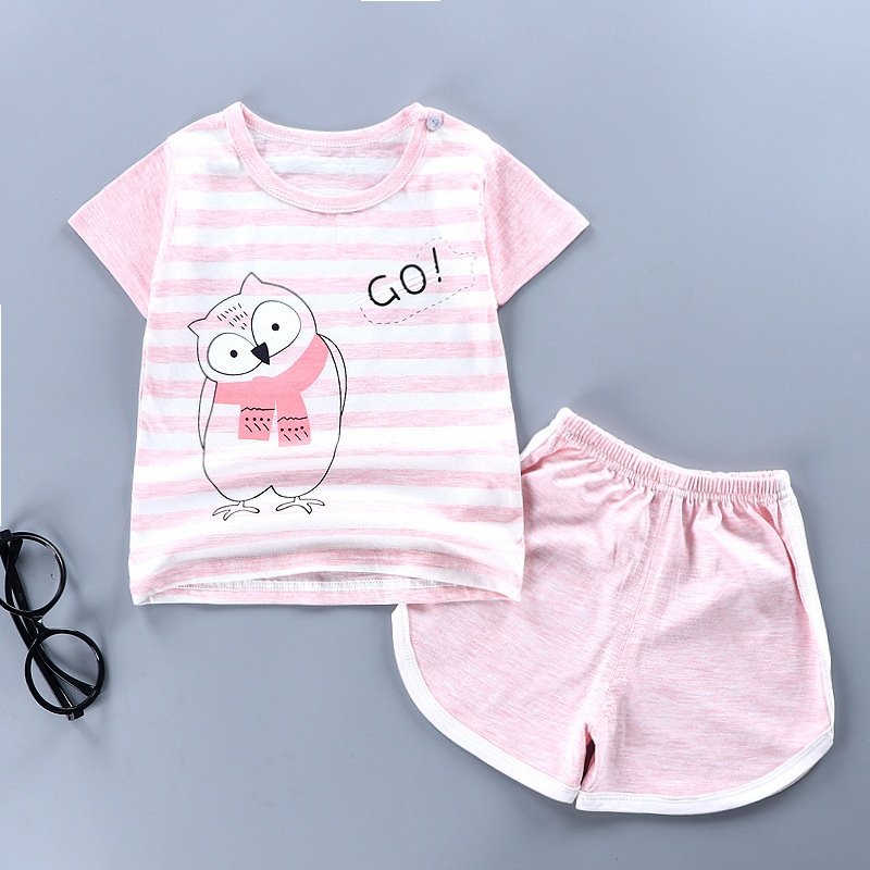 Children's Clothing New 2019 Summer Children's Combed Short-sleeved Set Colored Cotton Men's and Women's Pajamas Home Clothes Underwear Two-piece Set