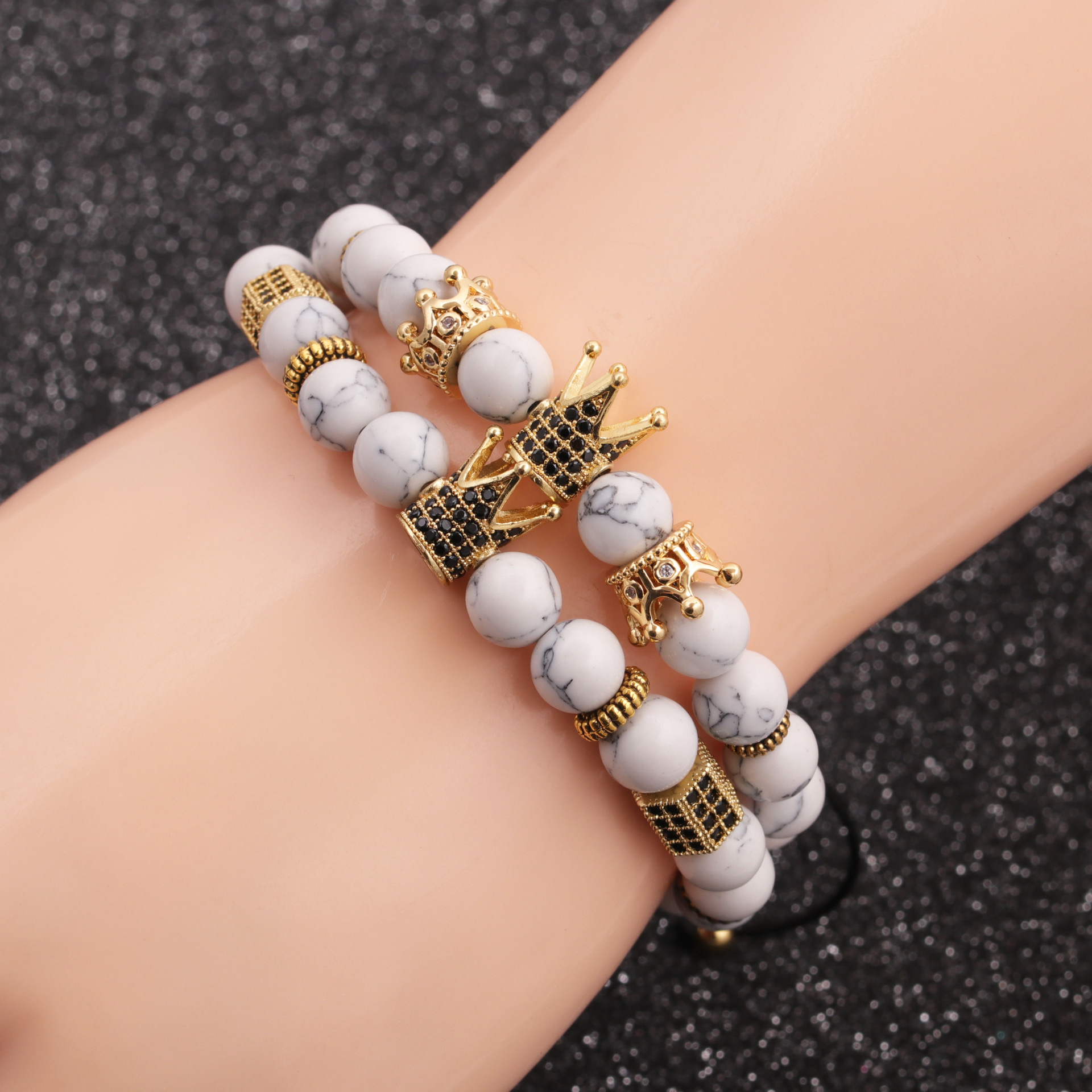 Fashion new  Frosted Stone White Turquoise Lapis Lapis Agate Crown Bracelet Set