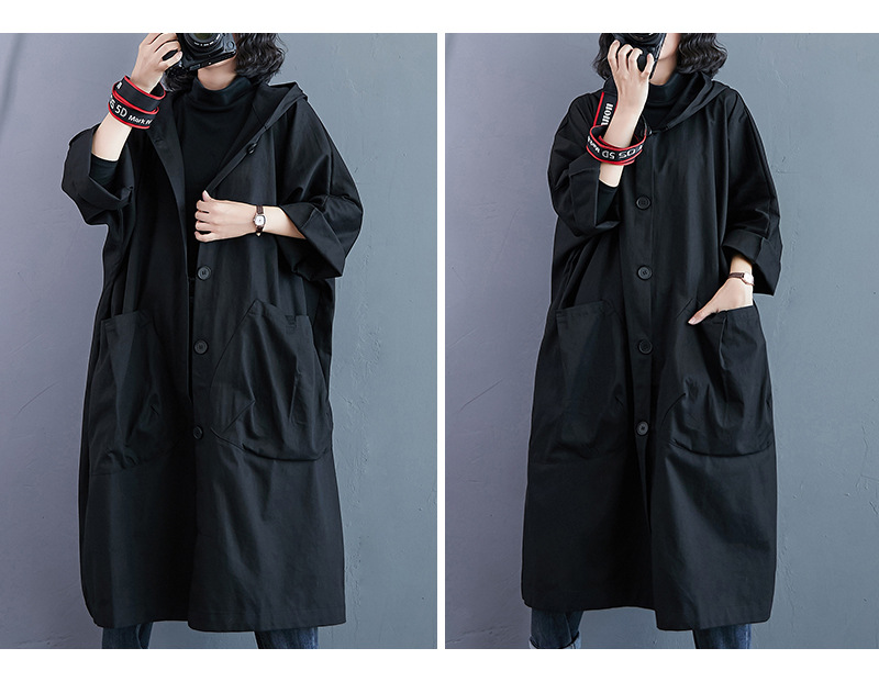 Hooded/Hat Collar Neckline Casual Long Length Women's Windbreaker Coat With Large Pockets Commute Friendly Loose Fit Pure Color Polyester Fiber