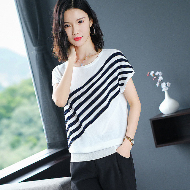 Stripe short sleeve top summer loose thin knitwear fashion ice silk round neck T-shirt for women
