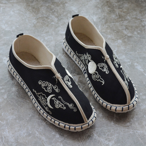 Tai chi kung fu shoes for men and women cloud and moon embroidered thousand layer sole shoes black and white zen hemp shoes embroidered shoes