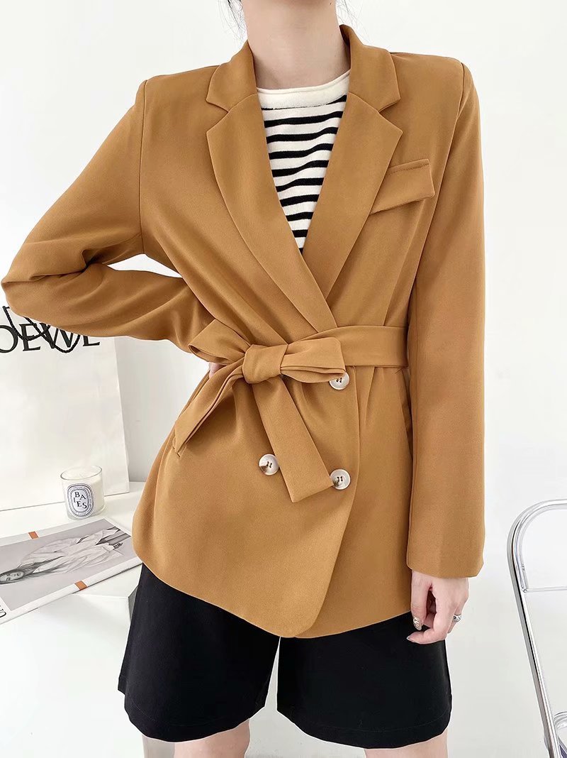 wholesale autumn camel double-breasted belt women s suit blazer  NSAM3068