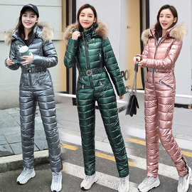 冬季女士连体棉服亮面大毛领加厚防寒服户外滑雪服地摊供货