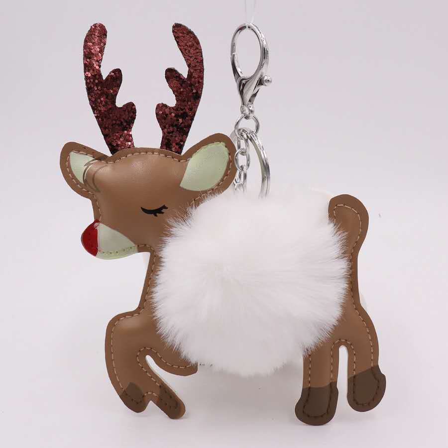 批发PU皮革圣诞鹿毛球钥匙扣仿獭兔毛绒包包挂件汽车钥匙毛绒挂饰|ru