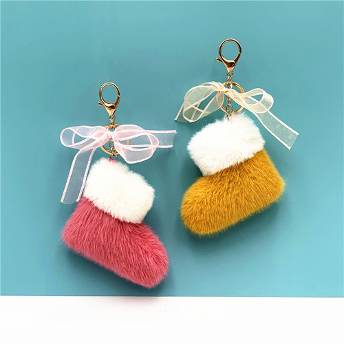 Christmas boots keychain cute bow bag pendant cartoon plush car key chain ring gift accessories