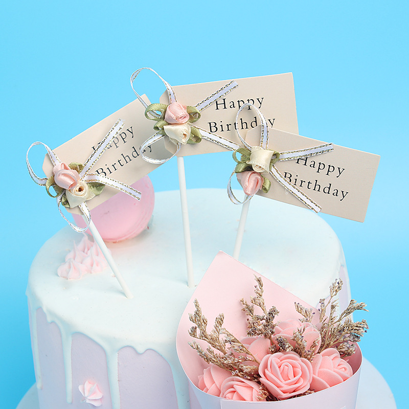 3只裝蝴蝶結花插件生日蛋糕插牌擺件母親節溫馨主題烘焙裝飾配件