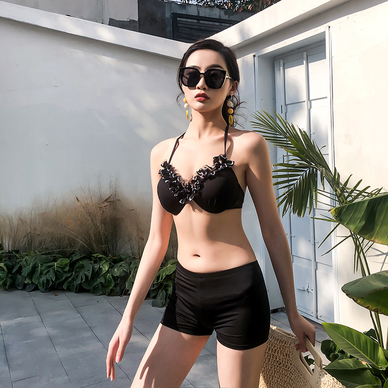 平角钢托比基尼三件套带罩衫外搭衫 新款三件套游泳衣波西米亚风|ms