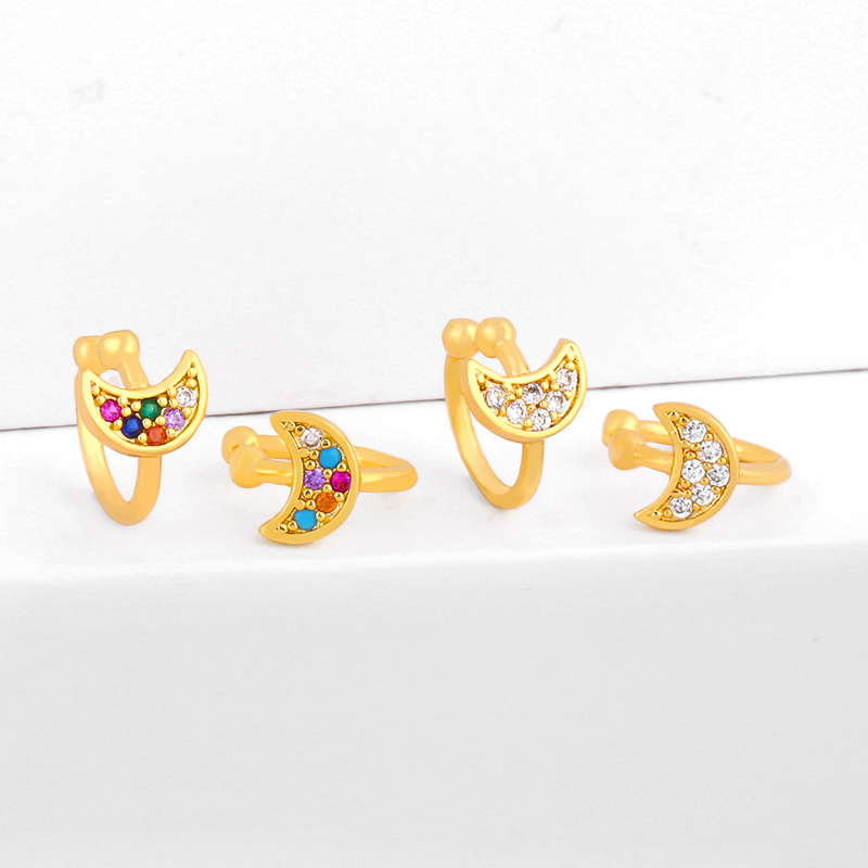 Star And Moon Ear Clips Micro-set Color Zircon Ear Clips C-shaped Earrings display picture 10