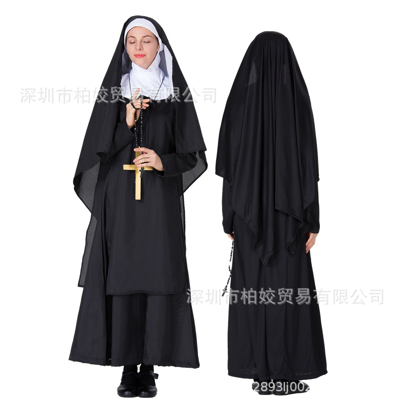 万圣节角色扮演修女服装黑色牧师服玛利亚神父修女服角色扮演服-阿里巴巴