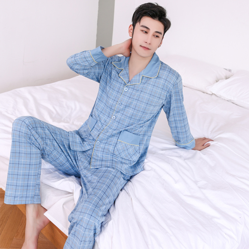 Pijamas hombres de manga larga 100% algodón primavera y otoño pijamas de algodón de los hombres traje de invierno homewear