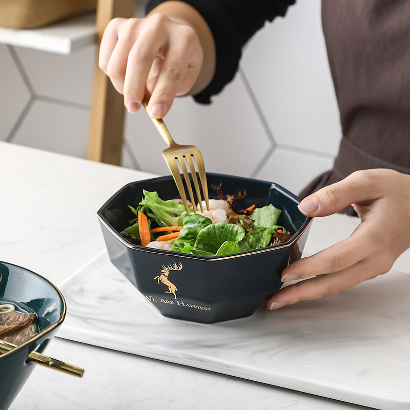 Nórdico simple moderno personalizado hogar ensalada de frutas tazón de fideos instantáneos tazón de sopa grande cerámica de doble oreja ramen Bucket Bowl
