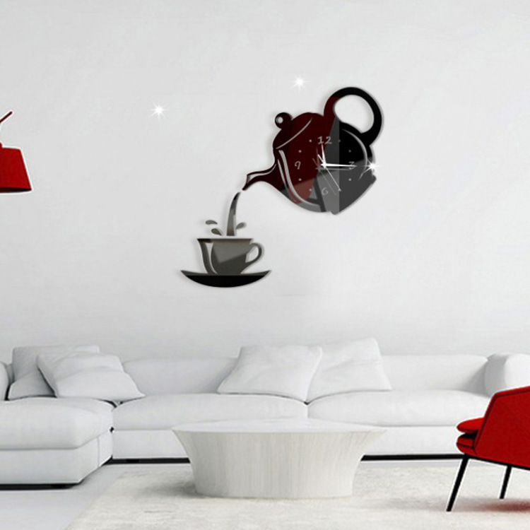 Acrylic DIY Creative Wall Clock Living Room Mute Mirror Teapot Wall Stickers 3D Decorative Wall Clock Wall Clock