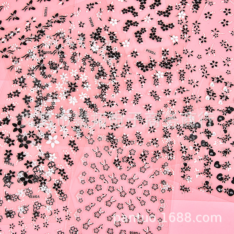 New nail stickers European and American simple all-match 3D nail decals black and white flower stickers plum five-pointed star nail stickers