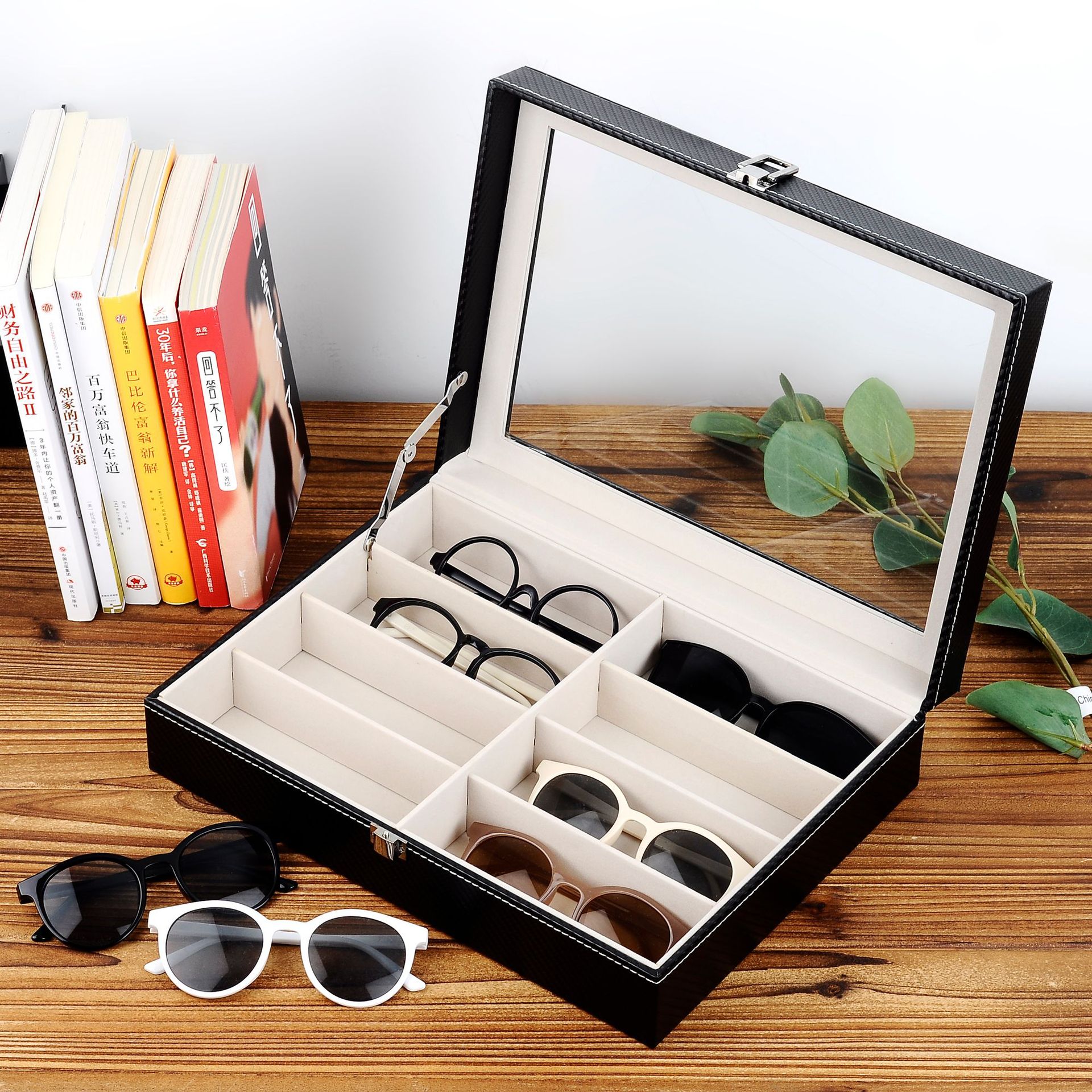 新款碳纤维眼镜盒木质开窗8格眼镜展示盒太阳镜墨镜收纳盒现货