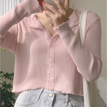 早秋季韓版新款可愛豎紋短款針織開衫長袖上衣生女俏皮氣質薄外套