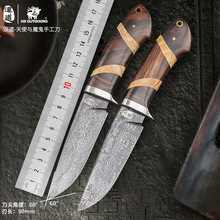 汉道高硬度锋利碳钢羽毛纹大马士革钢刀直刀求生防身户外小刀收藏