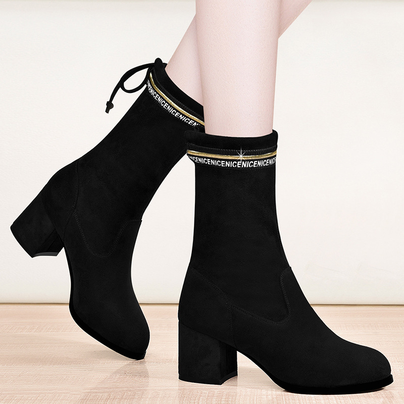 袜靴女粗跟针织短靴2019新款秋ins潮单靴加绒中跟网红弹力瘦瘦靴|ms