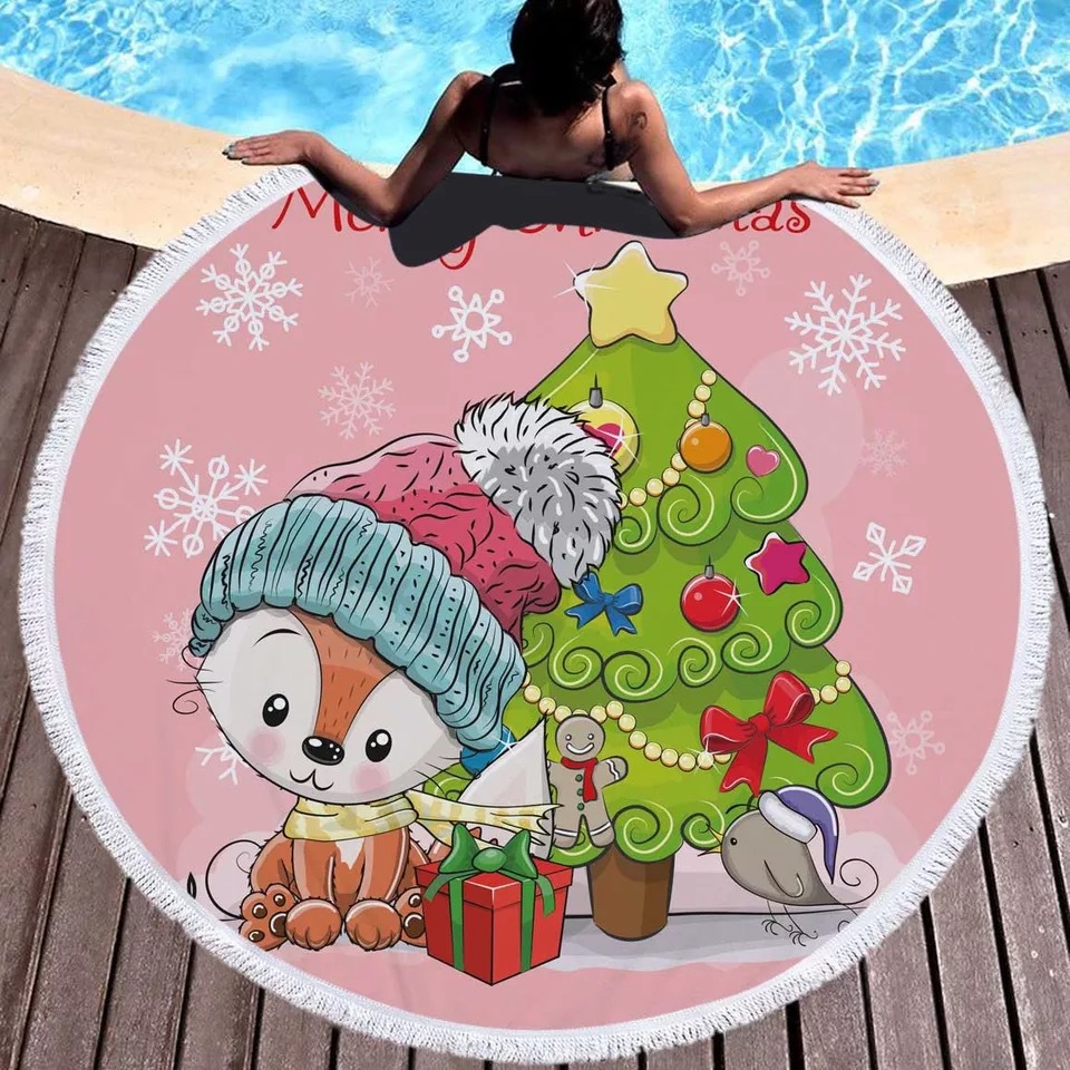 圣诞主题快干印花欧美风景画沙滩巾海边度假旅游圆形浴巾设计