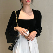 韩国chic极简主义 复古方领漏锁骨修身显瘦纯色泡泡袖丝绒衬衫女