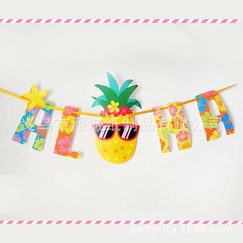 跨境ALOHA夏威夷菠萝拉旗横幅装饰吊旗5个拉旗夏天Summer派对聚会