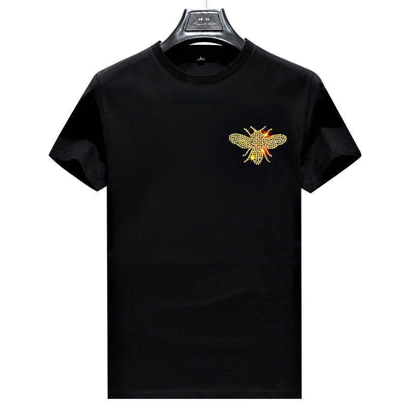 外贸亚马逊跨境小蜜蜂烫钻短袖t恤青年丝光棉男士爸爸装打底衫潮
