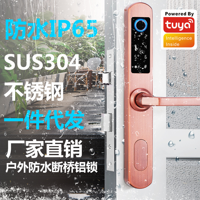 断桥铝指纹锁智能锁庭院门户外防水双面锁移门锁Tuya Smart lock