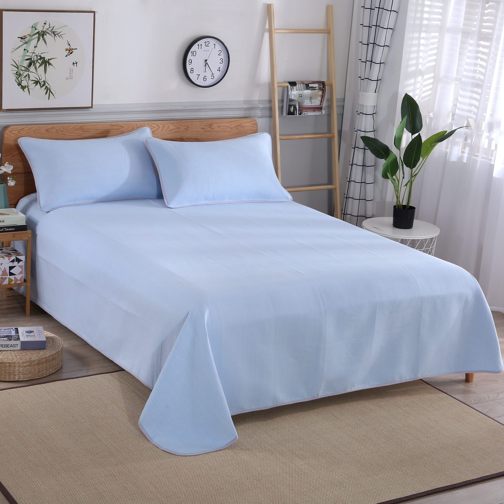 工厂直销纯棉粗布凉席床单一件代发可机洗1.5/1.8米床蓝丝条