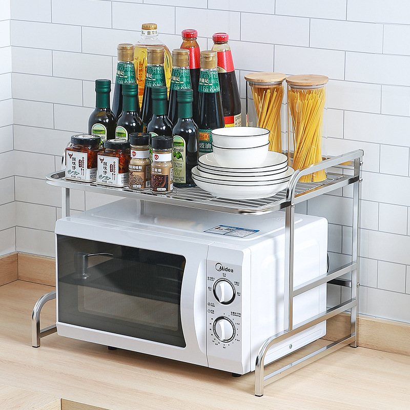 Horno de microondas de acero inoxidable estante de almacenamiento de cocina estante de doble capa mesa de escritorio cocina de arroz horno estante de almacenamiento de horno negro