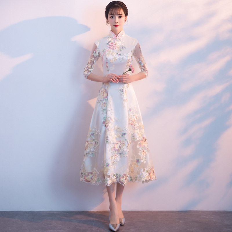 formal dress in chinese Pink Satin Qipao Dress, Short-Sleeved Traditional Cheongsam, Hana