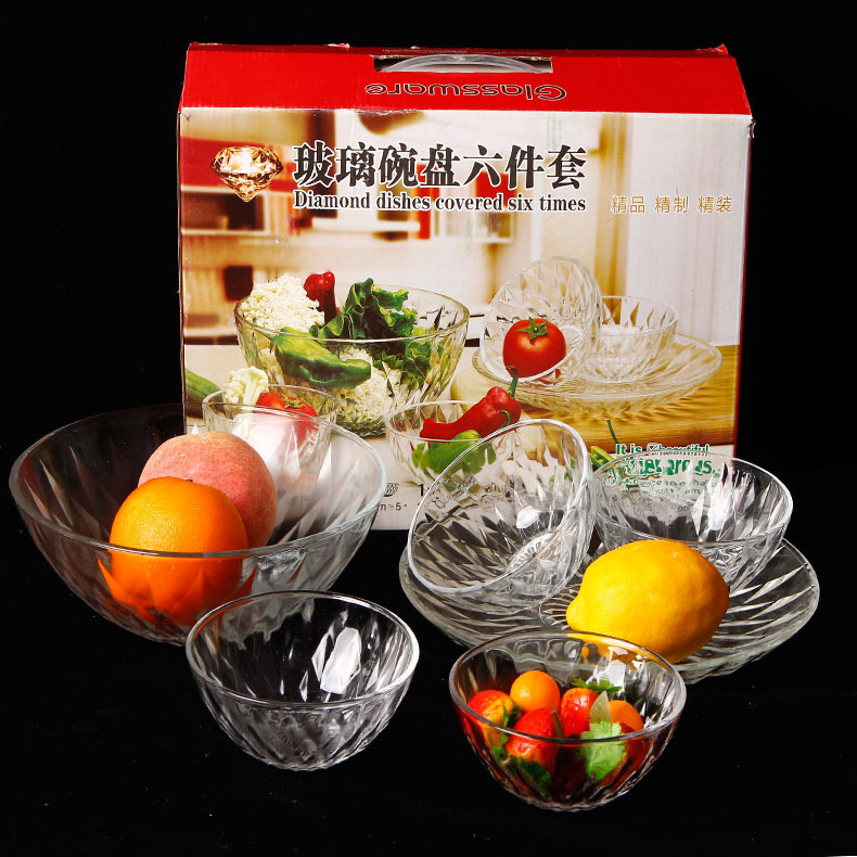New glass Diamond bowl six-piece crystal bowl set fruit salad bowl promotional opening gift event New glass Diamond bowl six-piece crystal bowl set fruit salad bowl promotional opening gift event