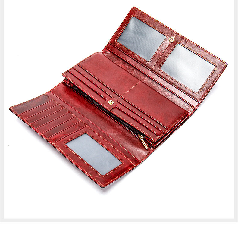 Ví nữ da thật chống từ tính RFID dáng dài vừa gấp ba, ví cầm tay đựng tiền lẻ — Cà phê, Màu xanh lam, Màu đen, Màu đỏ chi tiết 19